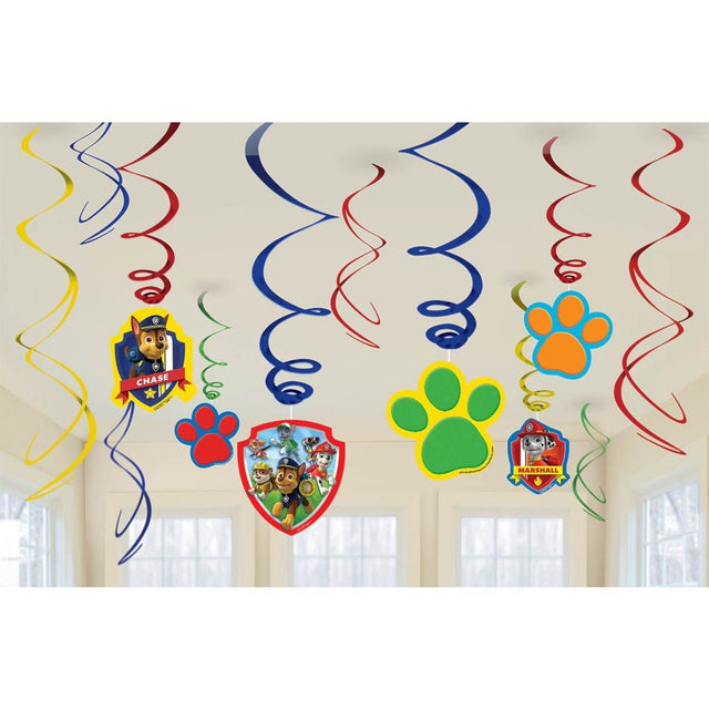 12 Pack Paw Patrol Hanging Swirl Decorations - Multicoloured