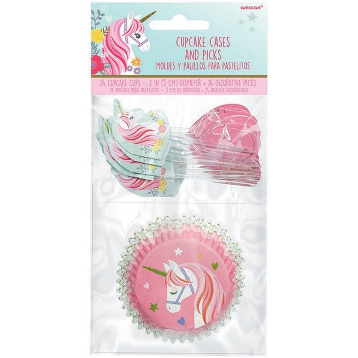 24 Pack Unicorn Cupcake Cases and Picks Set - Multicoloured