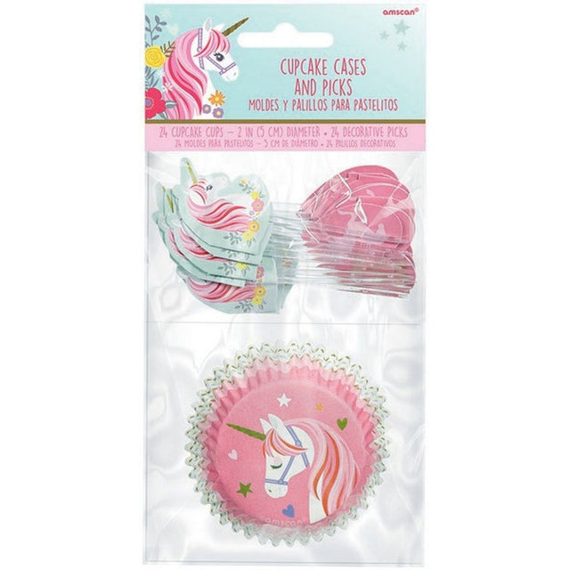 24 Pack Unicorn Cupcake Cases and Picks Set - Multicoloured