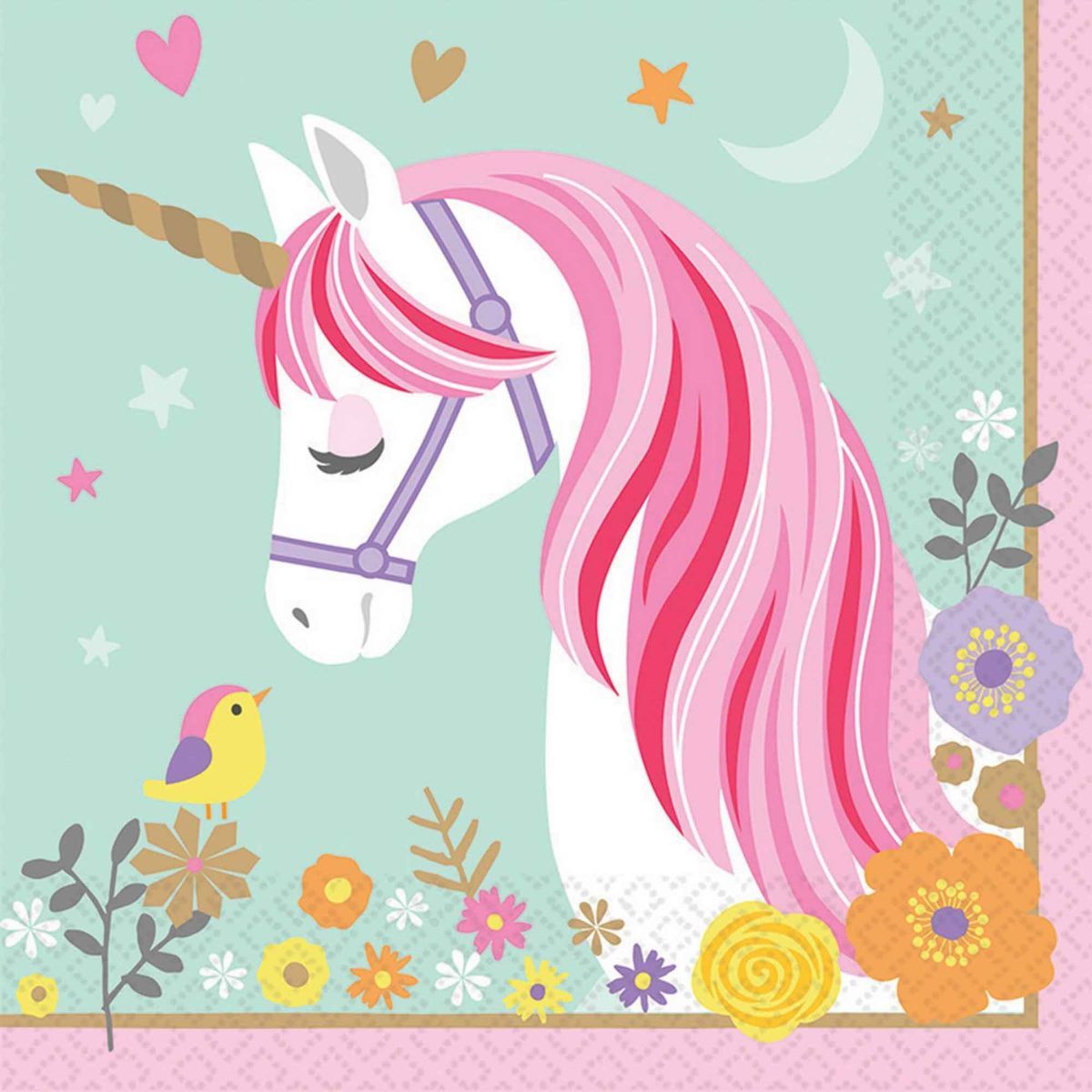 16 Pack Magical Unicorn Lunch Napkins 33cm x 33cm - Multicoloured