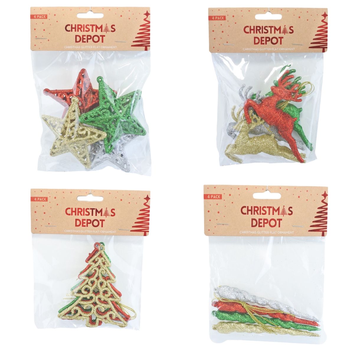 4 Pack Glitter Christmas Ornaments 8.5 x 10cm - Assorted