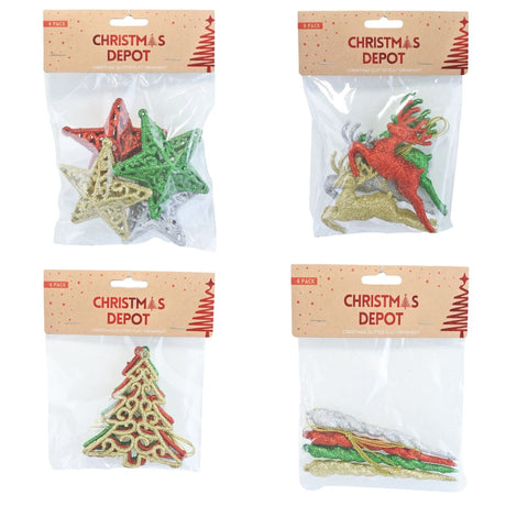 4 Pack Glitter Christmas Ornaments 8.5 x 10cm - Assorted