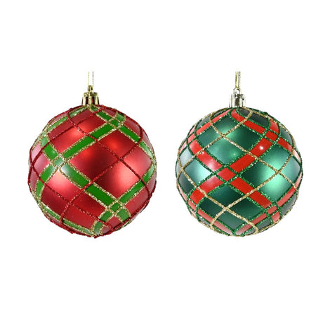 12 Pack Tartan Glitter Baubles 80mm - Assorted