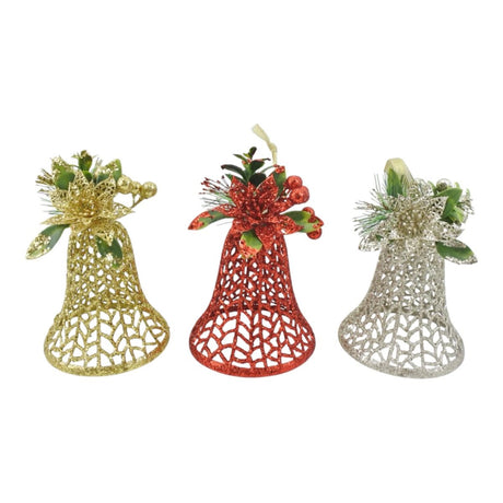 Christmas Bell Filigree Hanging with Poinsettia 12 x 18cm - Assorted