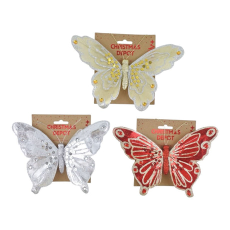 Christmas Glitter Butterfly Decoration 22.5 x 15cm - Assorted