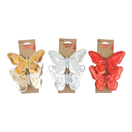 2 Pack Christmas Glitter Butterfly Decorations 17 x 11cm - Assorted