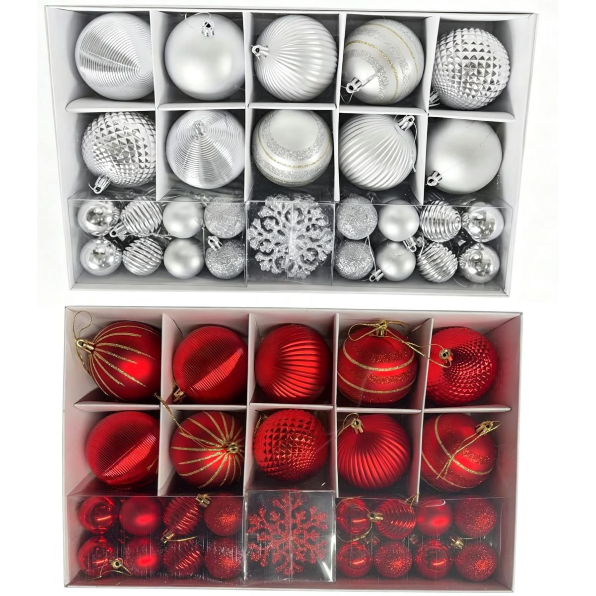 50 Pack Christmas Bauble Set - Red & Silver
