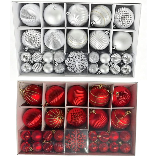 50 Pack Christmas Bauble Set - Red & Silver