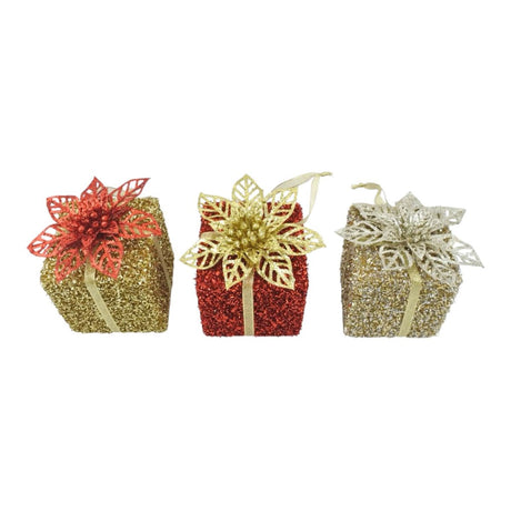 3 Pack Christmas Tree Ornament Glitter Gift Box 10cm - Assorted