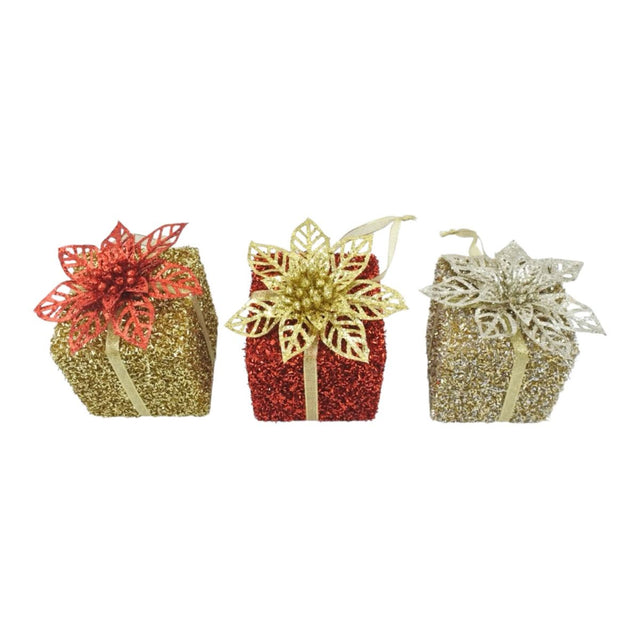 3 Pack Christmas Tree Ornament Glitter Gift Box 10cm - Assorted