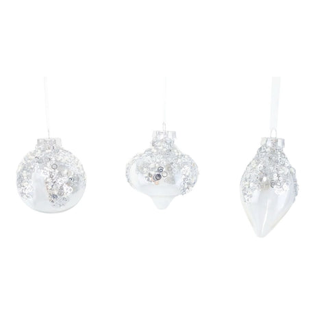 3 Pack Christmas Baubles with Bead Detail 8cm - Clear/Silver