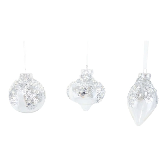 3 Pack Christmas Baubles with Bead Detail 8cm - Clear/Silver