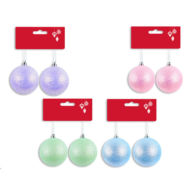 2 Pack Christmas Baubles 8cm - Pastel Glitter Assorted