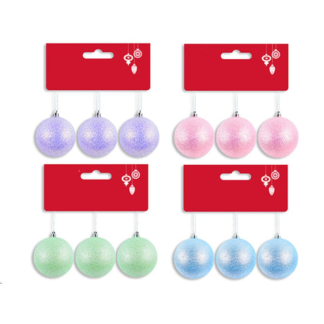 3 Pack Christmas Baubles 6cm - Assorted Pastel Glitter