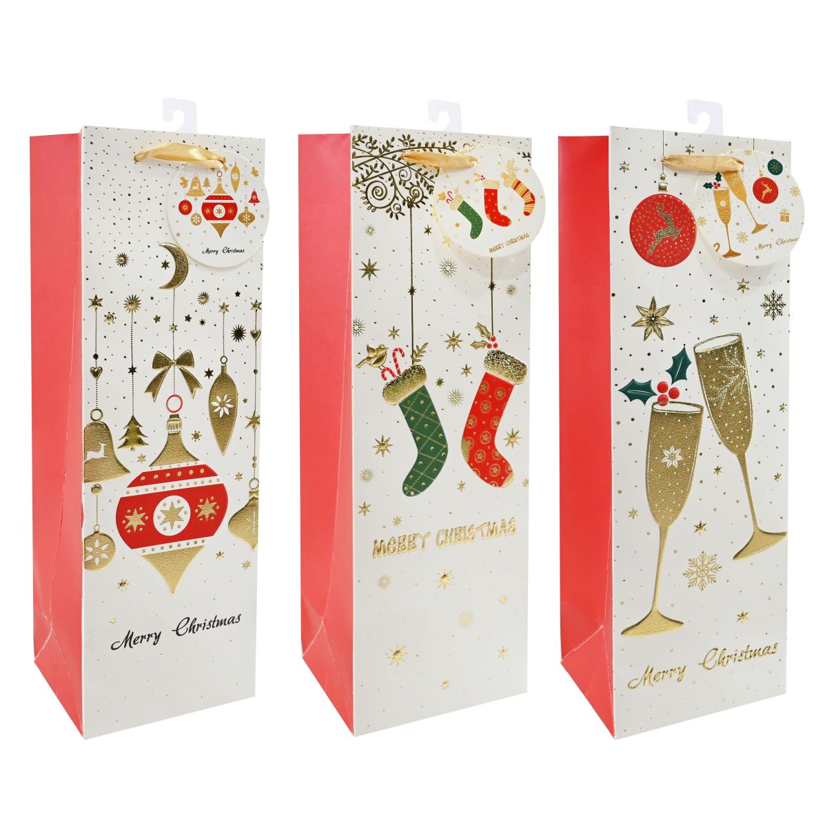 Embossed Foil Bottle Bag - Assorted Festive Designs