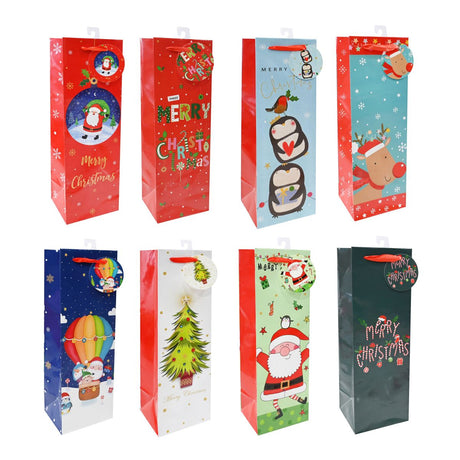 Christmas Printed Bottle Gift Bag with Tag - Assorted