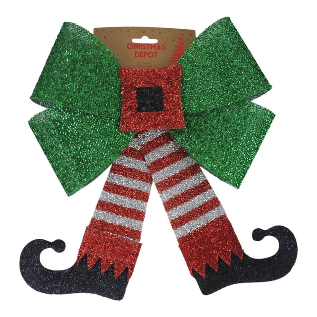 Novelty Glitter Elf Legs Christmas Bow 29 x 43cm