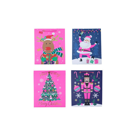 4 Pack Christmas Gift Bags Medium 26 x 32 x 12cm - Neon Pink