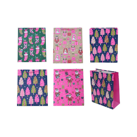 3 Pack Christmas Gift Bags Neon Pink Pattern 26 x 32 x 12cm