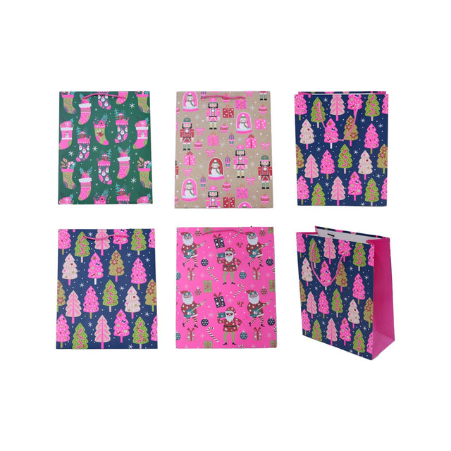 3 Pack Christmas Gift Bags Neon Pink Pattern 26 x 32 x 12cm