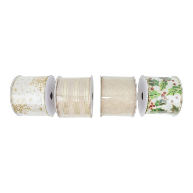 24 Pack Christmas Ribbon Spools 6.3cm x 27m - Gold & White