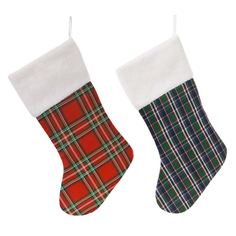 44cm Tartan Christmas Stocking with White Plush Collar - Assorted