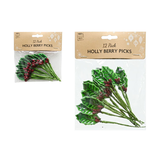 12 Pack Holly Berry Picks - Assorted