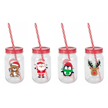 550ml Christmas Screw Top Cup with Straw - Assorted