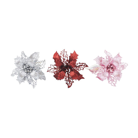 3 Pack Glitter Poinsettia Christmas Pick 11 x 12.5cm - Assorted