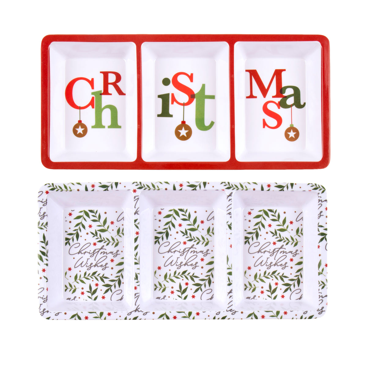 2 Pack Melamine Christmas 3 Section Rectangular Tray - Assorted