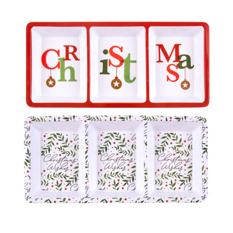 2 Pack Melamine Christmas 3 Section Rectangular Tray - Assorted