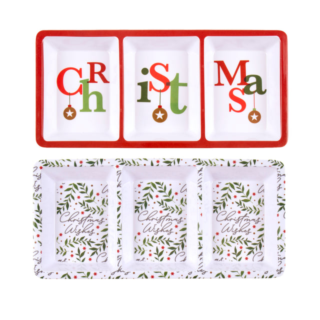 2 Pack Melamine Christmas 3 Section Rectangular Tray - Assorted