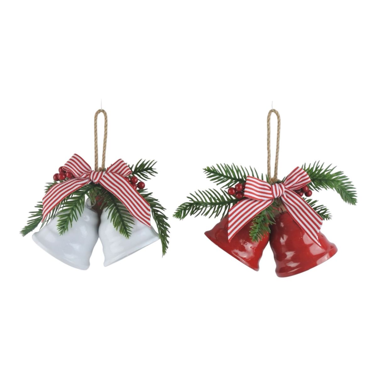 2 Pack Christmas Twin Bell with Striped Bow 16cm - Assorted