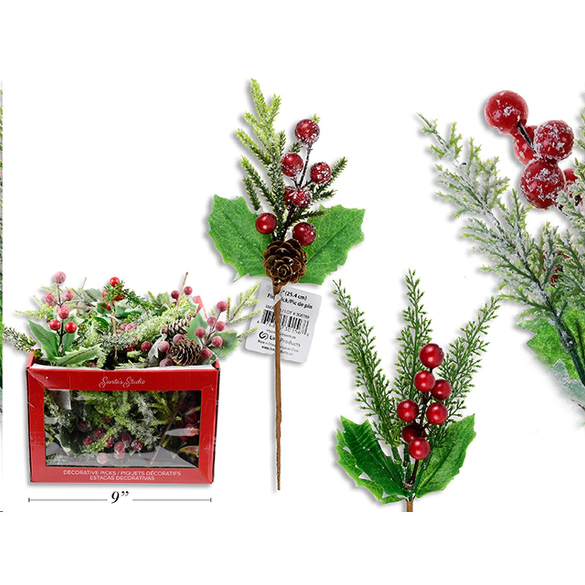 4 Pack Assorted Christmas Pine Picks 24cm