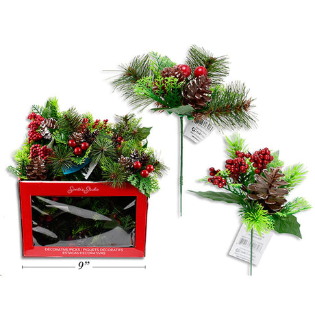 4 Pack Christmas Pine & Berry Pick 18cm - Assorted
