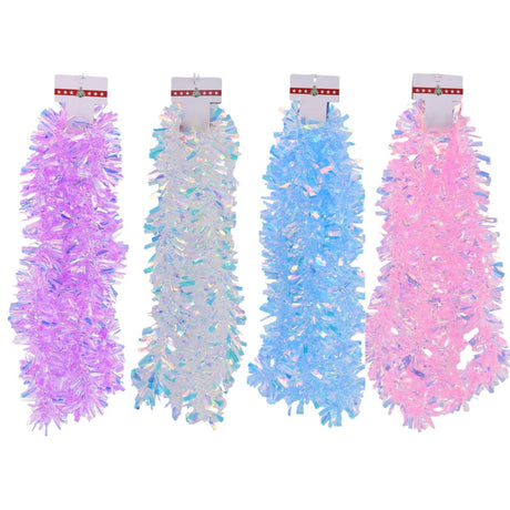 4 Pack Christmas Tinsel Garland Iridescent 2.74m - Assorted White, Purple, Blue & Pink