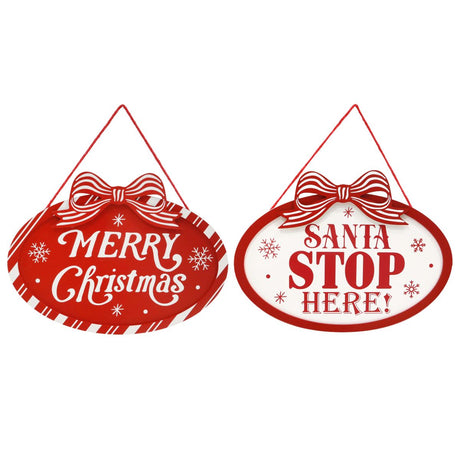 Hanging Christmas Plaque with Candy Stripe Bow 25 x 18cm - Assorted