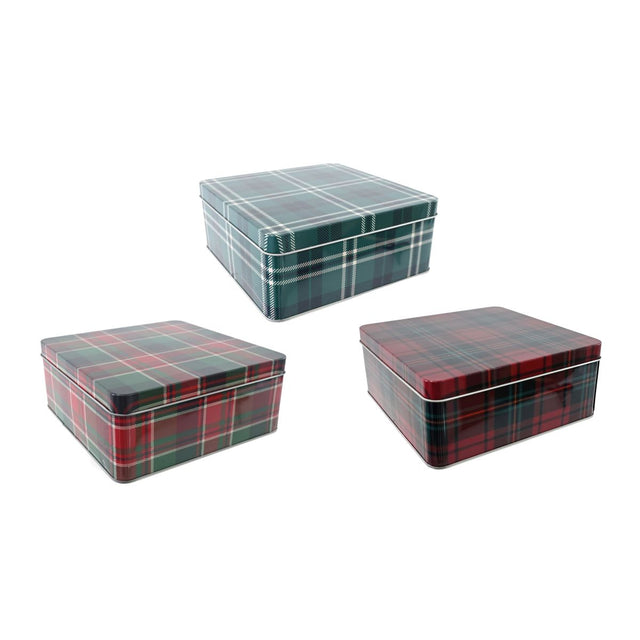 Square Tartan Cookie Tin 18 x 18 x 7.5cm - Assorted