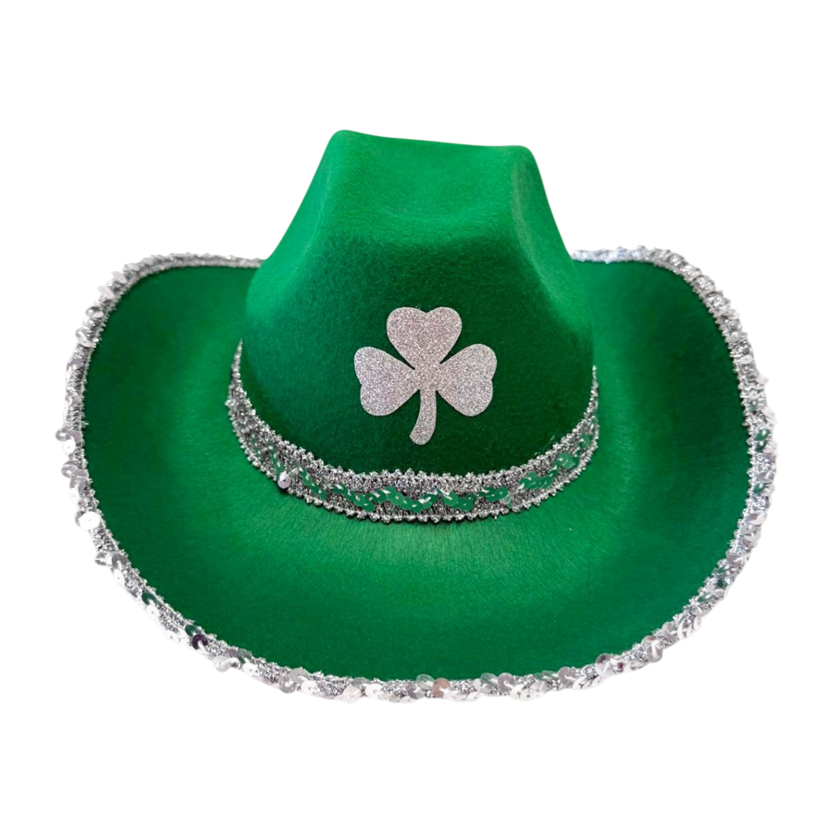 Green Cowboy Hat with Silver Trim and Clover Leaf