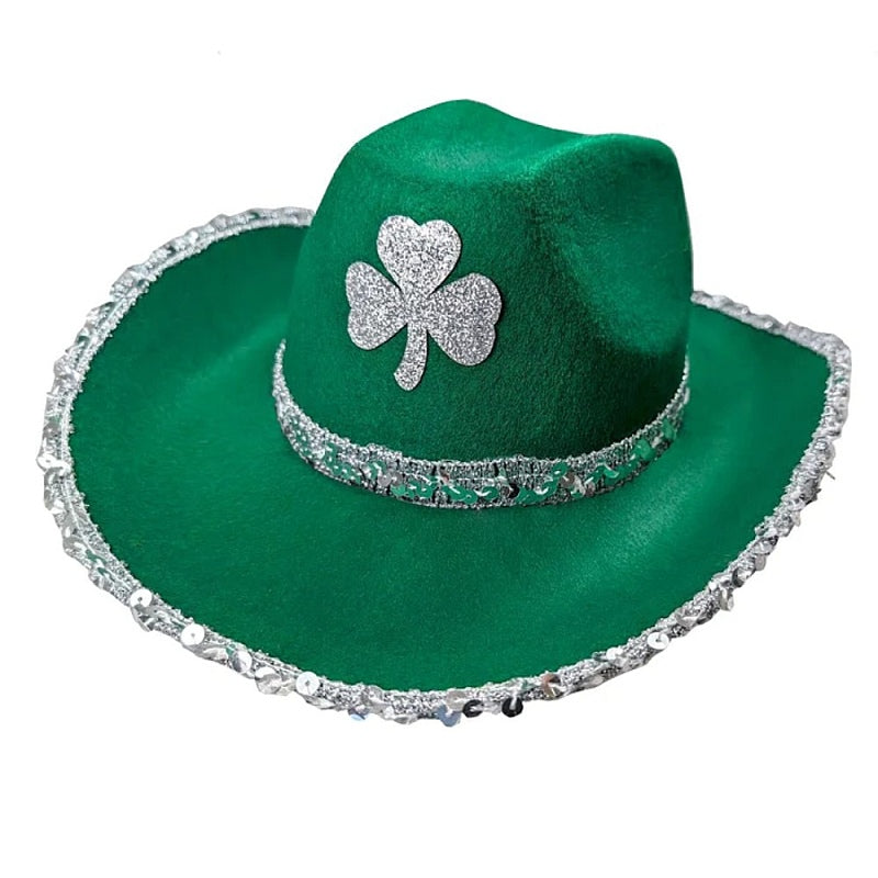 Green Cowboy Hat with Silver Trim and Clover Leaf