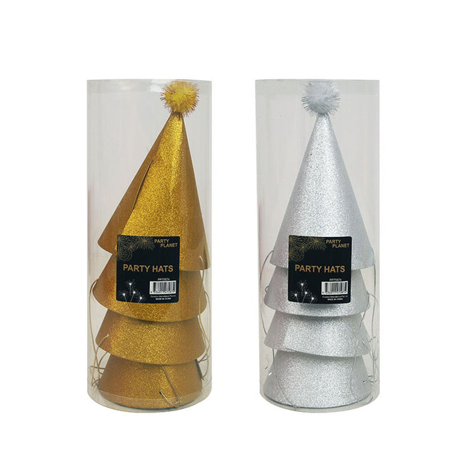 4 Pack Glitter Mini Paper Cone Hats - Assorted Gold and Silver - PARTY PLANET