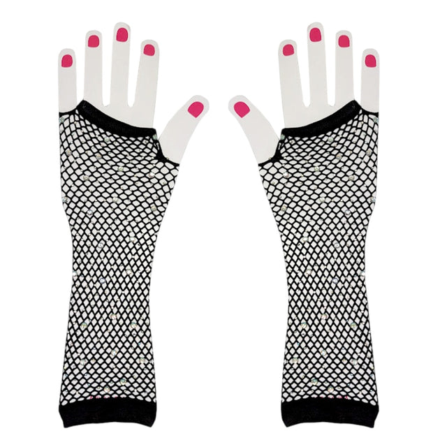 Red Fishnet Gloves with Crystals