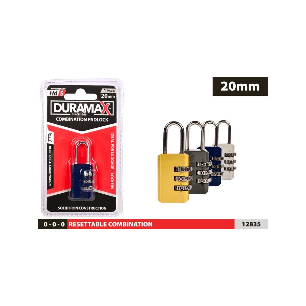 3 Digit Combination Padlock 20mm - Assorted