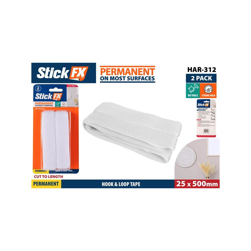 2 Piece Hook and Loop Tape 2.5mm x 500mm - White