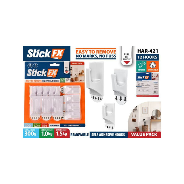 12 Pack Assorted Removable Adhesive Hook Set