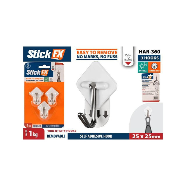 3 Pack Self-Adhesive Removable Hooks 25 x 25mm