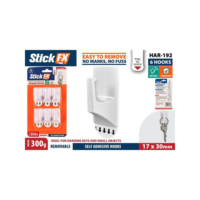 6 Pack Self-Adhesive Removable Hooks 17 x 30mm