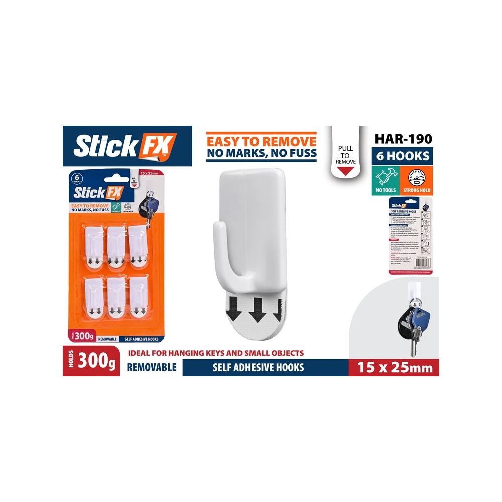 6 Pack Self-Adhesive Removable Hooks 15 x 25mm