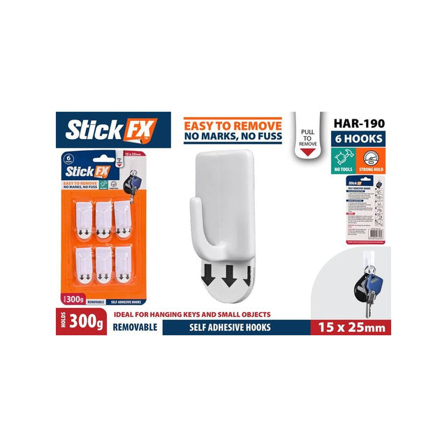 6 Pack Self-Adhesive Removable Hooks 15 x 25mm