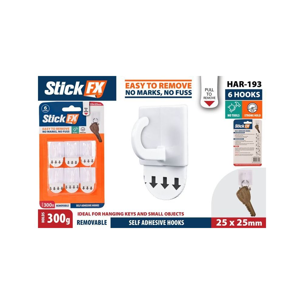 6 Pack Self-Adhesive Removable Hooks 25 x 25mm